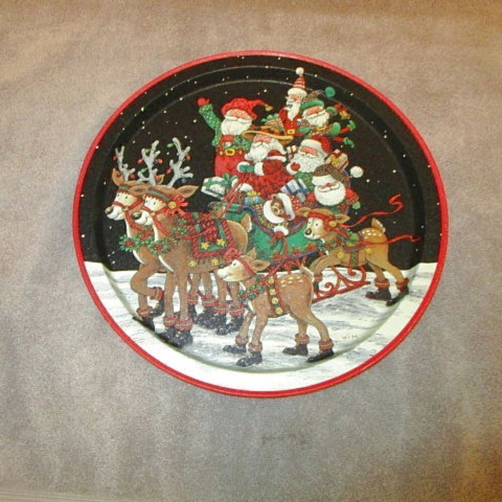 Vtg Schimmer Heavy Metal Santa Serving Tray Christmas Holiday Reindeer Beverage
